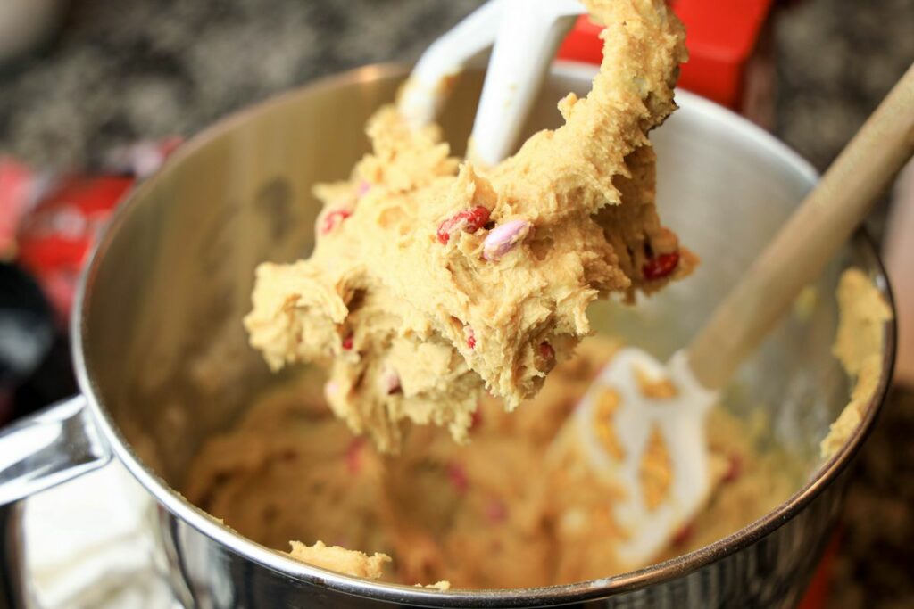 Cookie dough mix in the stand mixer.