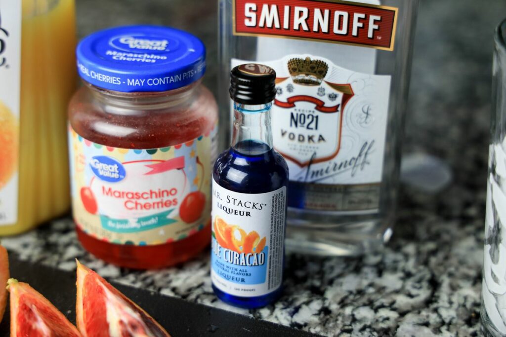 Ingredients on a counter top to make a drunken leprechaun drink.