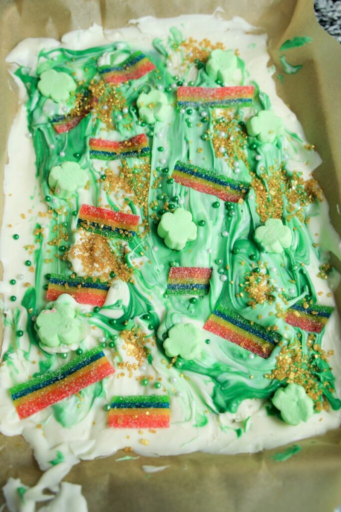 Lucky leprechaun bark with airheads, marshmallows, and sprinkles.