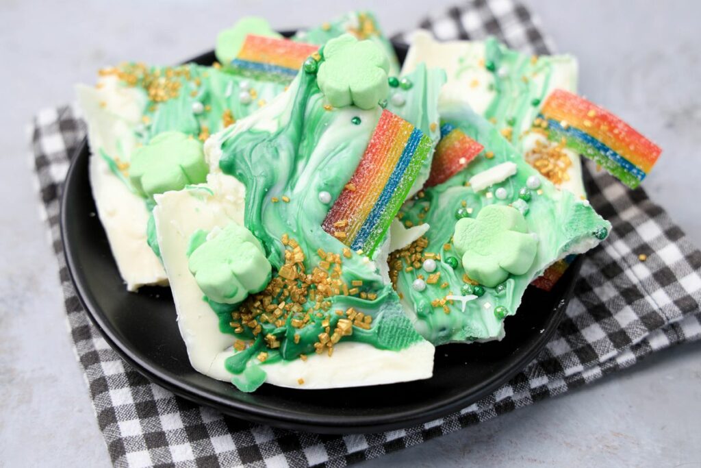 Lucky Leprechaun Bark on a black plate with a gray plaid napkin