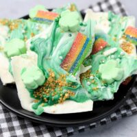 Lucky Leprechaun Bark on a black plate with a gray plaid napkin