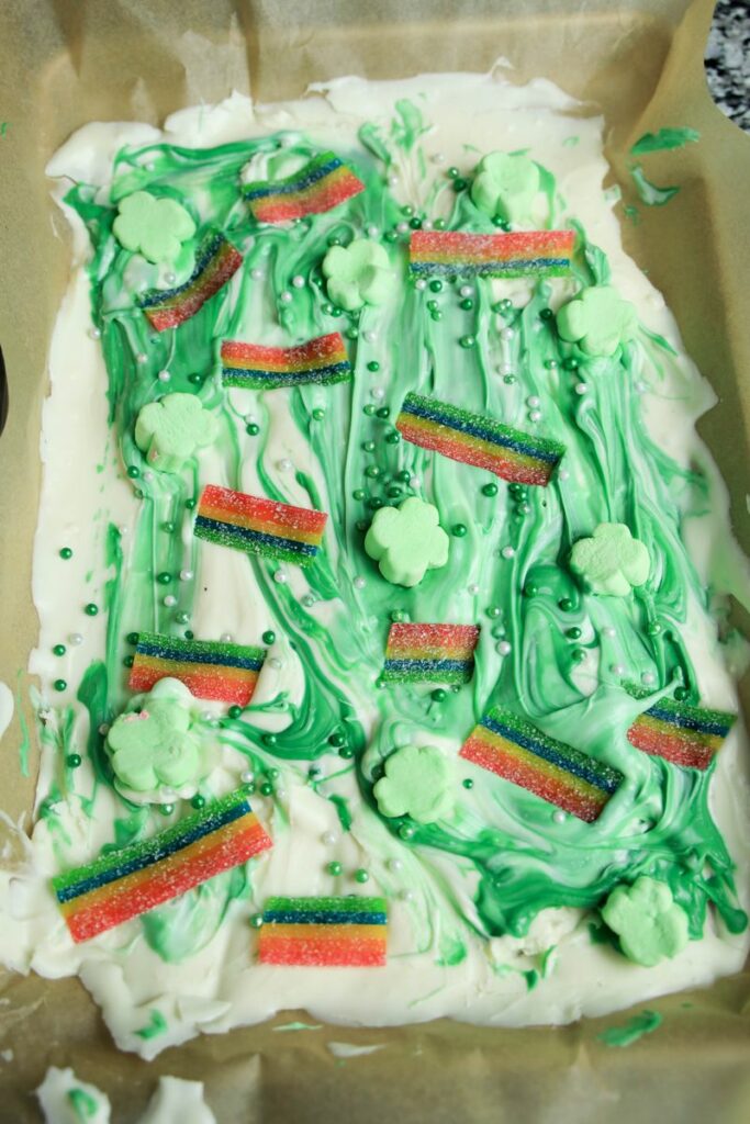 Lucky leprechaun bark with airheads, marshmallows, and sprinkles.