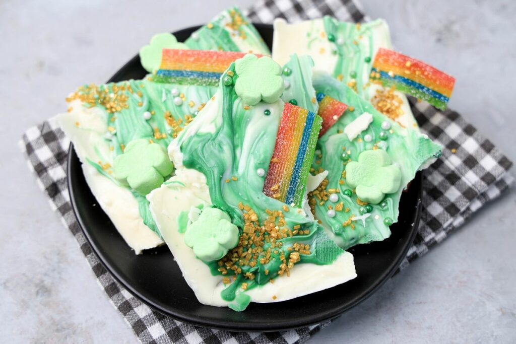 Lucky Leprechaun Bark on a black plate with a gray plaid napkin