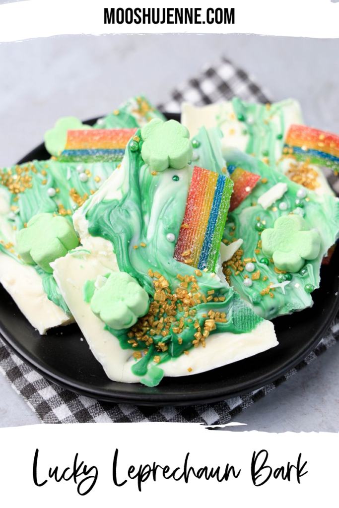 Lucky Leprechaun Bark on a black plate with a gray plaid napkin