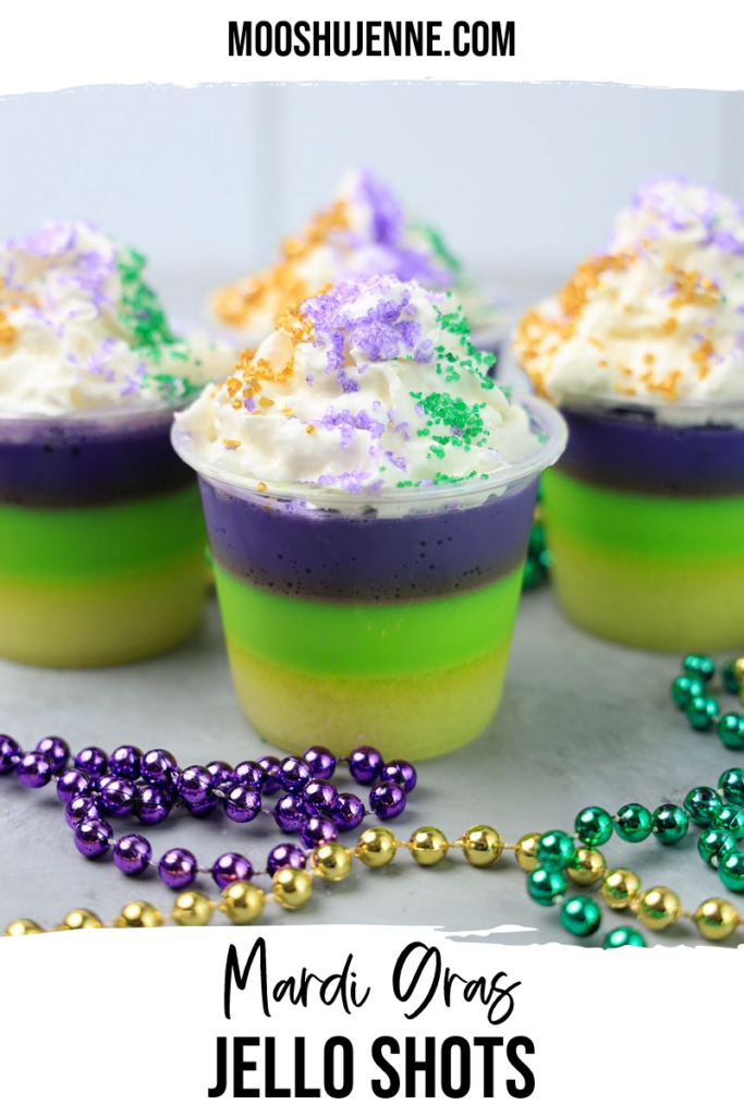 Mardi Gras Jello Shots layered with island pineapple and layers of sweetened condensed milk. Make the jello shots with or without rum. Great for Fat Tuesday celebrations.