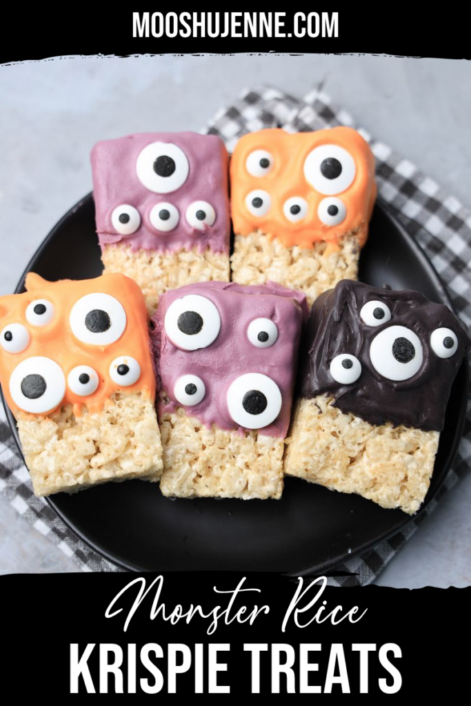 Monster rice krispie treats is an easy to make Halloween party treat. Just three ingredients to make and easy enough for the little kids to help. These gooey, delicious treat will fit perfectly on a sweets board as well.