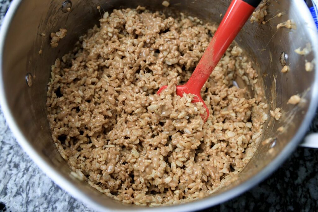 Rice krispies coated with marshmallow cocoa mixture. 