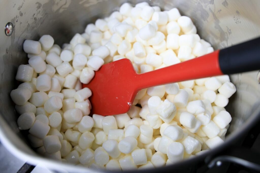 Marshmallows in a pan with butter to be melted down.