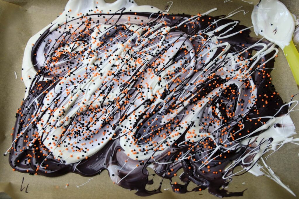 black and white candy melts with sprinkles.